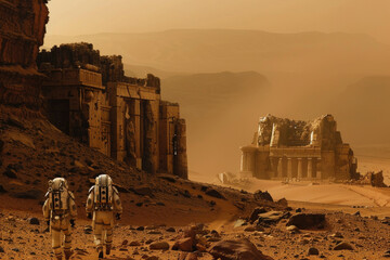 Astronauts explore Martian landscapes, discovering ancient alien relics and structures.- 769145083