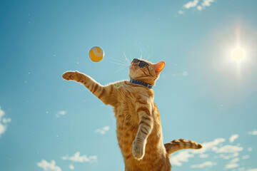 A cat plays beach volleyball with anthropomorphic flair, leaping into the air.- 769145200