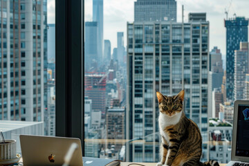A cat sits by the window in an office skyscraper, next to a computer.- 769145272