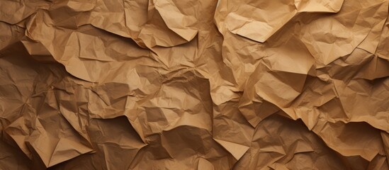 A closeup of a crumpled brown paper reveals intricate patterns resembling wood grains or bedrock formations. It could be a unique backdrop for a cuisine event showcasing staple foods and ingredients - obrazy, fototapety, plakaty
