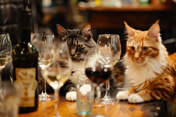 A cat enjoys a human-like gathering at a café.- 769145476