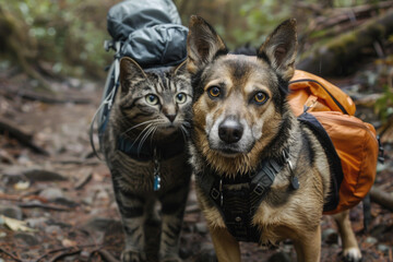 A cat and a dog hike together with backpacks as companions.- 769145653