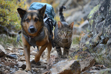 A cat and a dog hike together with backpacks as companions.- 769145682
