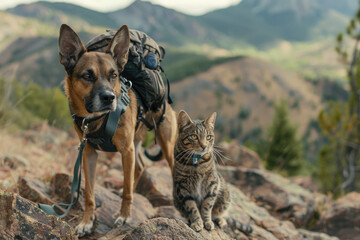 A cat and a dog hike together with backpacks as companions.- 769145696