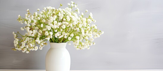 Fototapeta na wymiar A white vase containing a beautiful bouquet of white flowers sits elegantly on a table, creating a serene and elegant atmosphere
