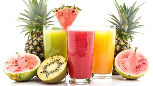glasses of green guava and red pineapple juice on a white background