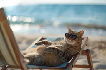 A cat lounges on the beach, embodying relaxation during vacation.- 769145813