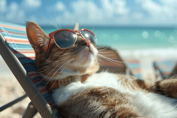 A cat lounges on the beach, embodying relaxation during vacation.- 769145817