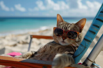 A cat lounges on the beach, embodying relaxation during vacation.- 769145841