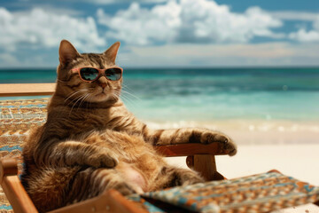 A cat lounges on the beach, embodying relaxation during vacation.- 769145891