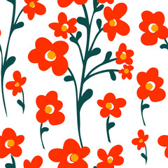 Seamless pattern from simple cute meadow flowers. Hand drawn in white on red background. Spring-summer, gentle romantic children's print. vector