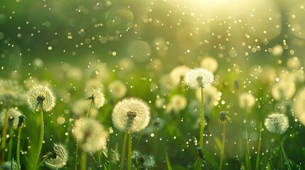 dandelion field in spring after refreshing spring rain - obrazy, fototapety, plakaty