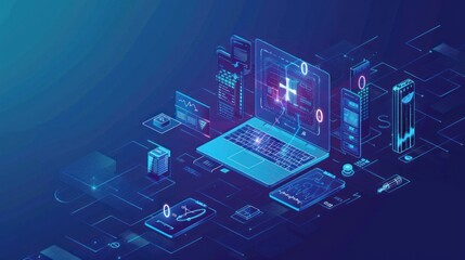 isometric with city buildings, purple neon ,Smart city technology.