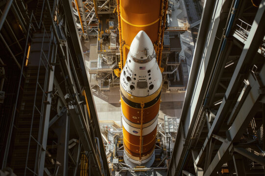 A launch tower stands tall as a spacecraft carrying humans lifts off with a rocket.

