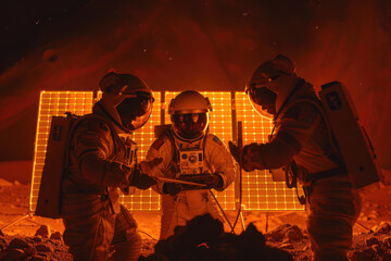 Astronauts gather around a campfire on Mars, roasting marshmallows at dusk during a camping trip.- 769146219