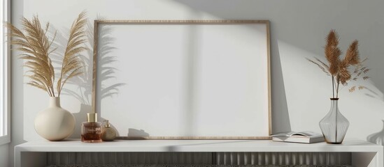 Empty picture frame on white wall in modern bedroom with mock up interior in contemporary style. Close up view. Free space for picture or poster, with console, vase, pampas grass, and cosmetic.