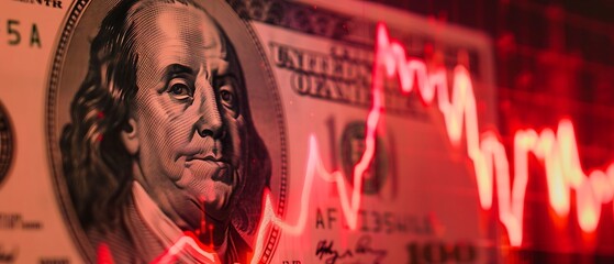 Closeup capture of Benjamin Franklin face on USD banknote with candlestick stock market line graph chart. Red line trend indicates recession of stock market. US currency exchange & forex stock trade