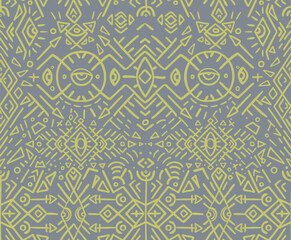 Seamless tribal patterns in vector format draw inspiration from Indigenous art. Geometric motifs and freehand elements create intricate designs for various applications.