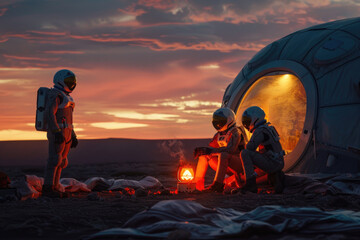 Astronauts gather around a campfire on Mars, roasting marshmallows at dusk during a camping trip.- 769146436