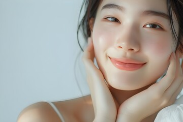 Beauty portrait of young asian woman smiling naturally and with perfect skin with rosy cheeks and white background.