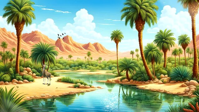 Oasis in the desert with a small lake of palm trees and cacti. Seamless looping 4k time-lapse video animation background