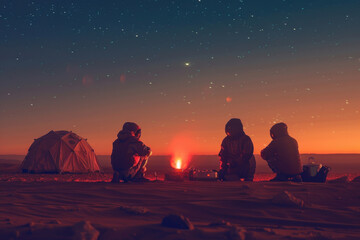 Astronauts gather around a campfire on Mars, roasting marshmallows at dusk during a camping trip.- 769146647