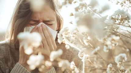 woman suffers from pollen and grass allergy - obrazy, fototapety, plakaty