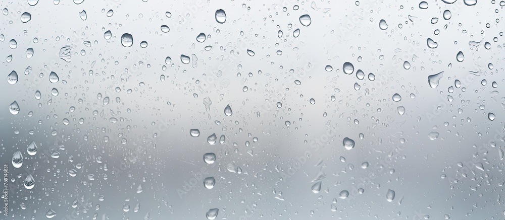 Poster raindrops are seen up close on a window surface, creating a textured and blurred effect from the out