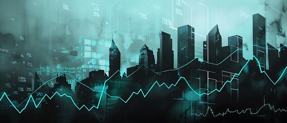 Business Stocks Trading Graphs & Charts: Stock market or forex trading graph in graphic double exposure with futuristic city. Stock trading charts graphs concept. - obrazy, fototapety, plakaty