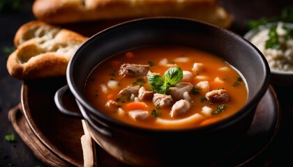 A bowl of warm chicken soup with vegetables, garnished with fresh herbs, served with bread on the side.