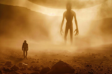 Confrontation between astronauts and massive extraterrestrial beings on Mars.- 769147099