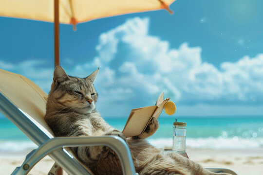 A cat lounges on the beach, embodying relaxation during vacation.

