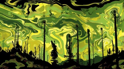 a painting of a forest filled with lots of trees and a sky filled with swirls of green and yellow.