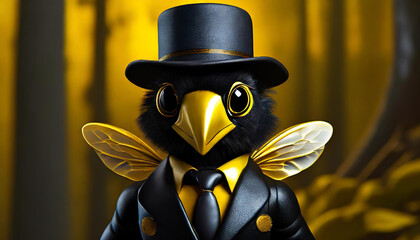 3D digital art of a bee wearing a dark suit and black fedora. AI generated.