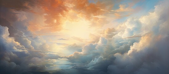 A serene painting of a small boat peacefully gliding on the tranquil water beneath a dramatic cloudy sunset sky - Powered by Adobe