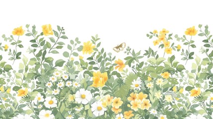 a field of yellow and white flowers with a butterfly on the top of one of the flowers in the foreground.