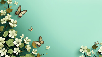 A delicate beauty of nature, serenity and elegance design, banner with copy space for text. Against a soft green background, intricate paper butterflies gracefully hover over clover flowers - obrazy, fototapety, plakaty
