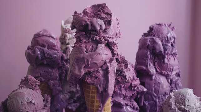 a group of ice cream cones sitting next to each other on top of a pile of purple ice cream cones.