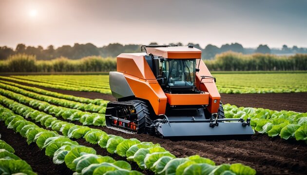 An orange automated harvester works diligently in a field of fresh cabbages during sunrise, representing agricultural technology.