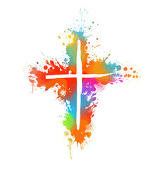 colored cross of blots. Happy easter. hand drawing. Not AI, Vector illustration