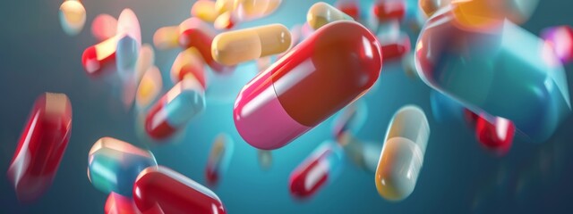 A 3D render of various colorful capsules and pills suspended in mid-air against a vibrant blue background with soft cloud shapes, representing healthcare, medicine, and pharmaceutical concepts. - obrazy, fototapety, plakaty