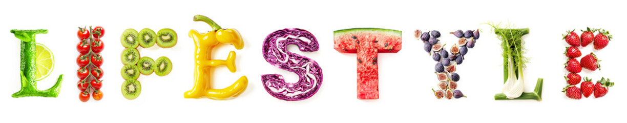 Lifestyle Text Made of Fruits and Vegetables (Lime, Cherry, Kiwi, Yellow Pepper, Red Cabbage, Watermelon, Fig, Fennel, Strawberry) Isolated on White Background