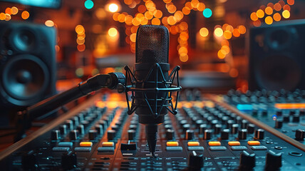 Professional microphone and headphones at the radio station, entertainment and communication...