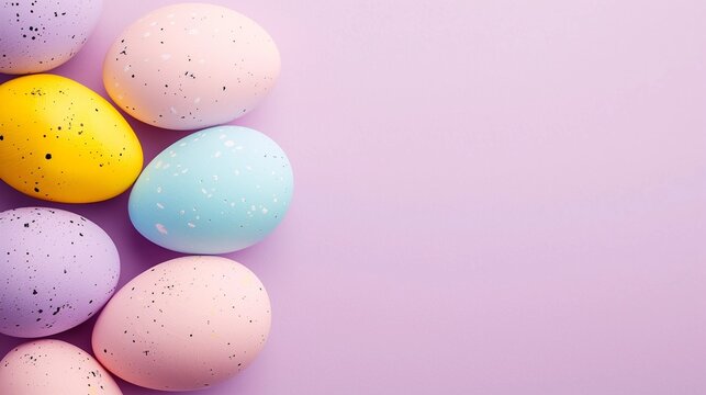 Easter eggs on top of each other on the left side of the image, lilac background, copy space. Easter card.