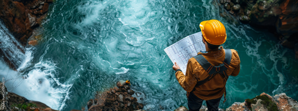 Poster engineers and supervisors discussing blueprints at hydroelectric dam site.generative ai
