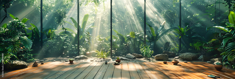 Poster peaceful forest scene with sunlight filtering through trees, creating a serene and inviting outdoor 