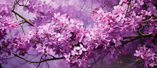 Vivid purple flowers are blooming beautifully on a tree branch, illuminated by the sun's rays