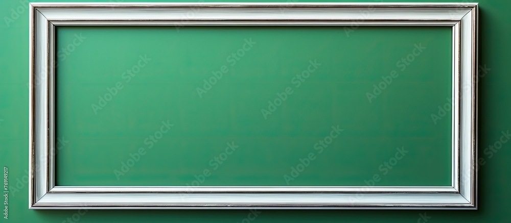 Poster a white rectangle picture frame is hanging on a green wall, creating a parallel contrast against the