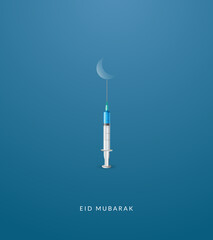 Eid Mubarak creative concept. Syringe and mosque with Eid moon, Background for Medical or Hospital shop for Ramadan and Eid celebration poster, Eid Mubarak creative design for social media post.