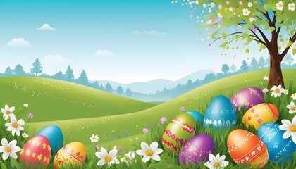 Colorful Easter eggs dot the lush green lawn, gleaming under the bright sunlight and casting vibrant reflections as they await discovery by eager egg hunters